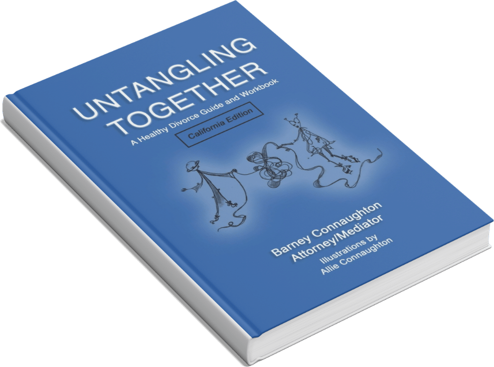 Untangling Together: A Healthy Divorce Guide and Workbook, California Edition, by Barney Connaughton, with illustrations by Allie Connaughton.